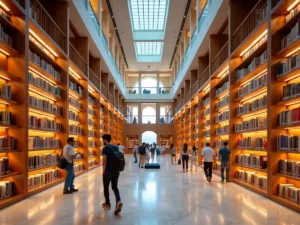 Interior of Qasr Al Watan Library with bookshelves.