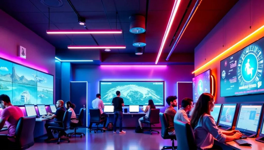 Futuristic game room with neon lights and interactive screens.