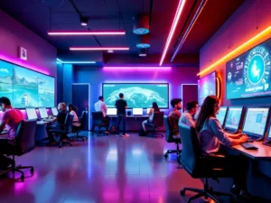 Futuristic game room with neon lights and interactive screens.