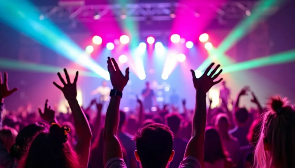 Crowd at a concert with colorful stage lights.