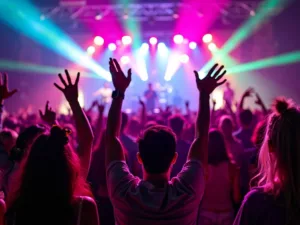 Crowd at a concert with colorful stage lights.