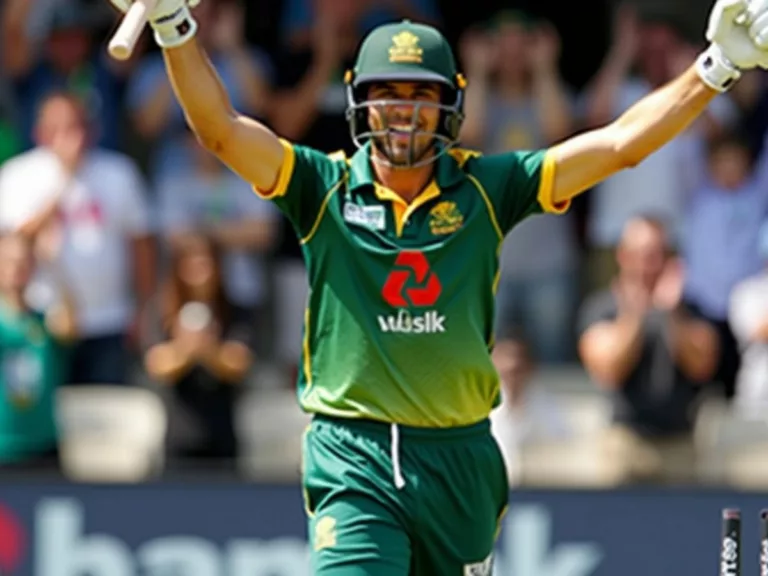 Cricketer celebrating century with crowd in background.