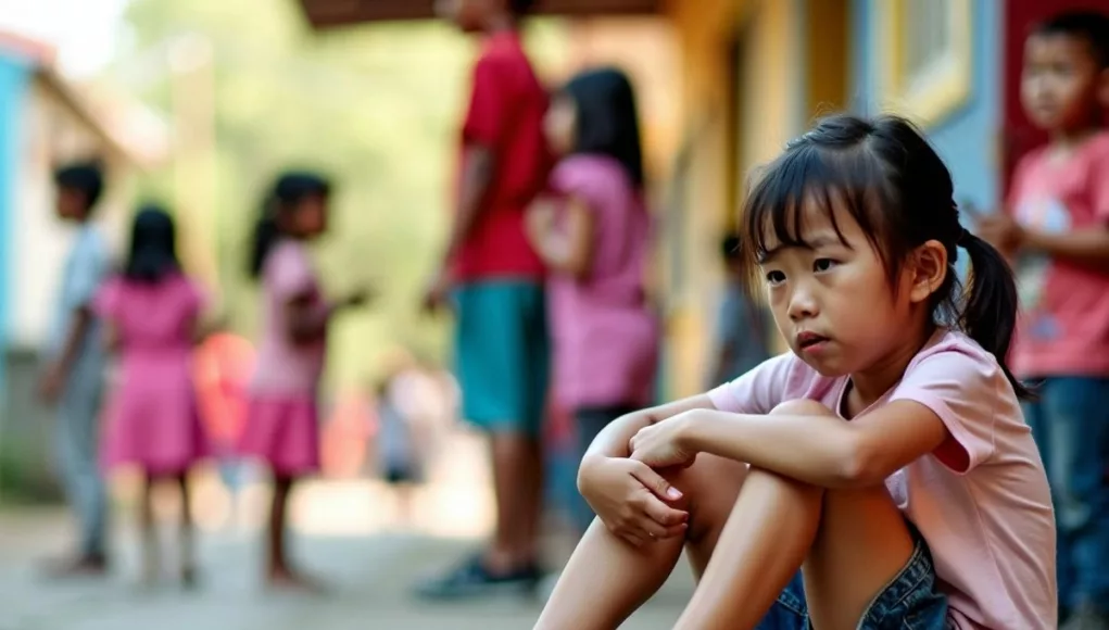 Young girl sitting on ground, looking distressed.