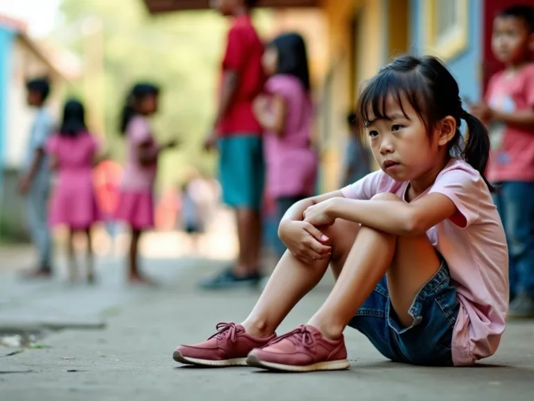 Young girl sitting on ground, looking distressed.