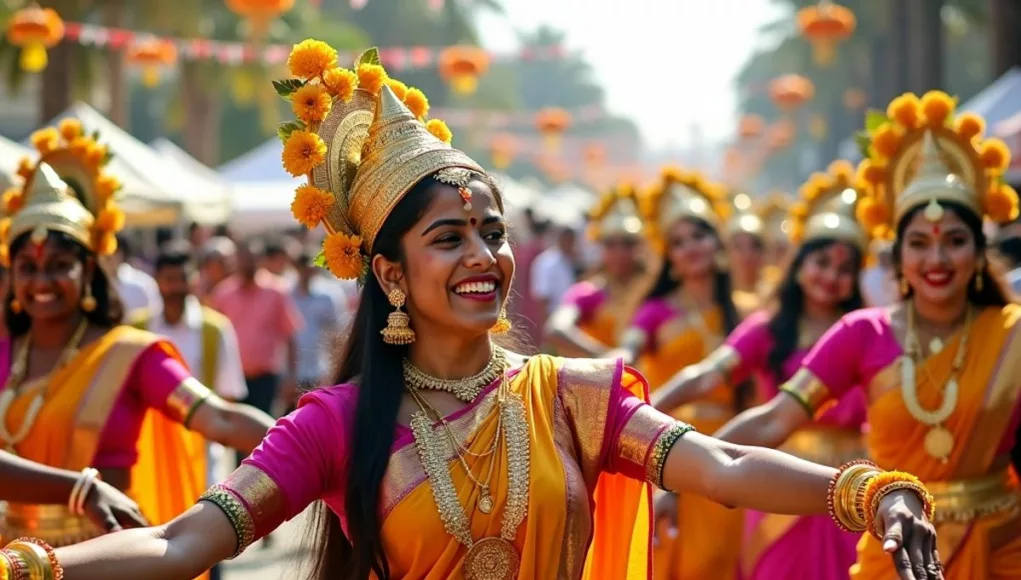 Onam festival celebration with dancers and floral decorations