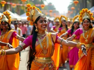 Onam festival celebration with dancers and floral decorations