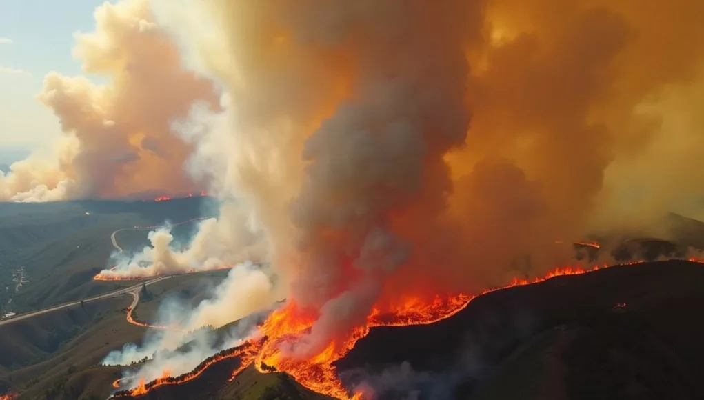 Aerial view of wildfires in Portugal with smoke and destruction.