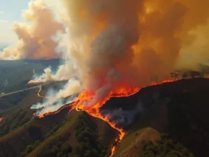 Aerial view of wildfires in Portugal with smoke and destruction.