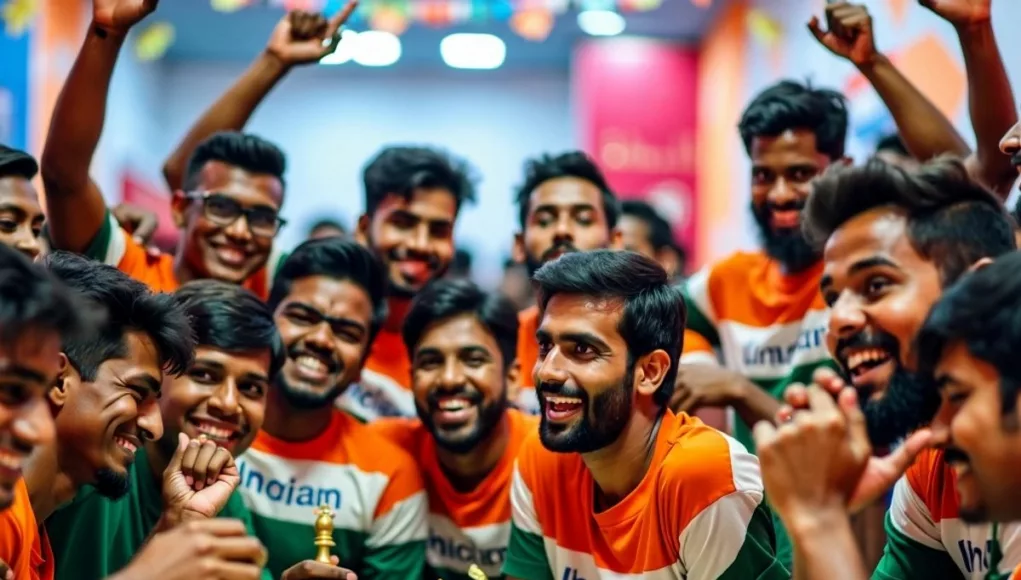 Indian chess players celebrating their Chess Olympiad victory.