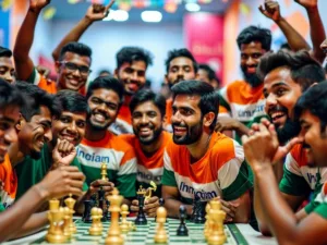 Indian chess players celebrating their Chess Olympiad victory.