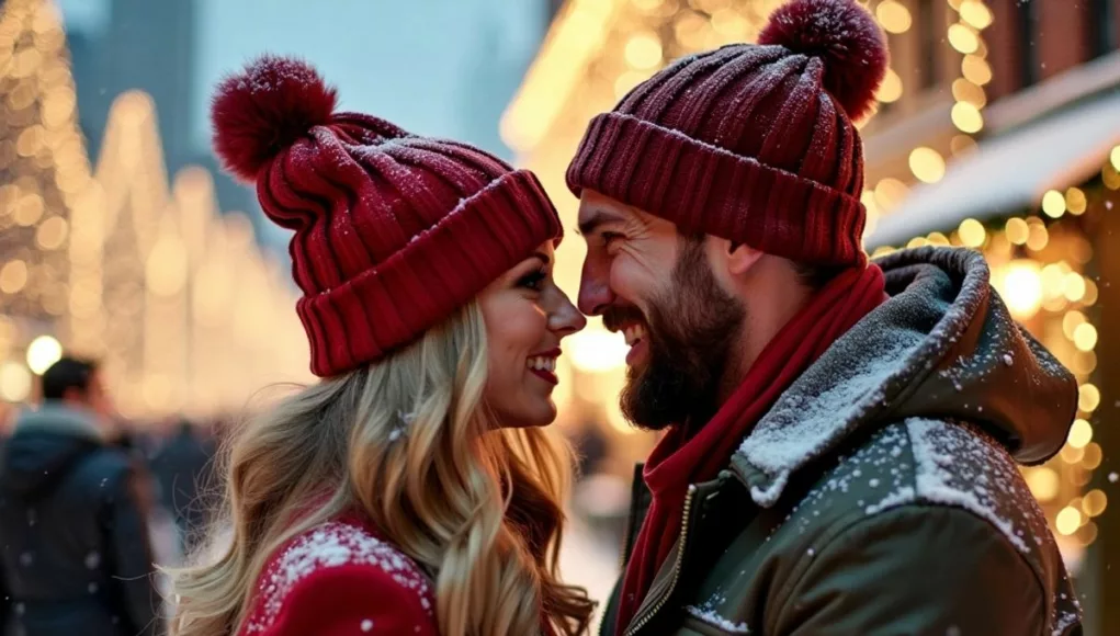 Couple in winter attire with snowy background