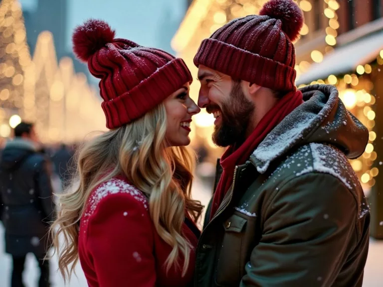 Couple in winter attire with snowy background