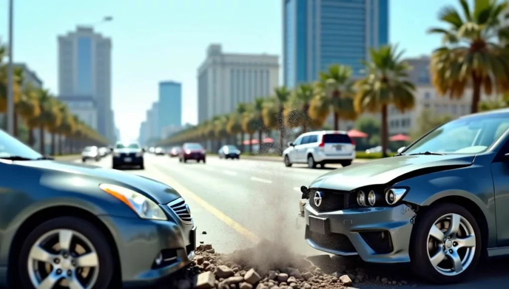 Two cars in collision on a busy road.