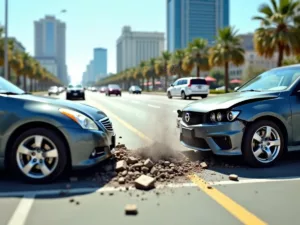 Two cars in collision on a busy road.