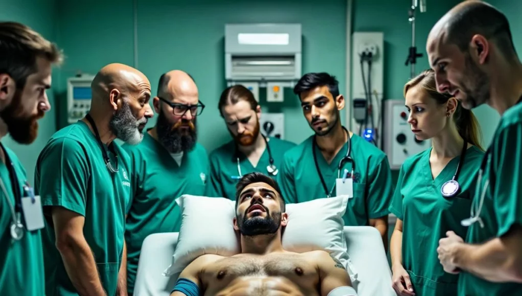 Footballer in ICU surrounded by medical staff and equipment.