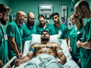 Footballer in ICU surrounded by medical staff and equipment.