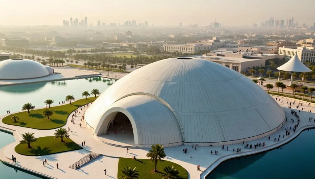 Louvre Abu Dhabi aerial view with iconic dome