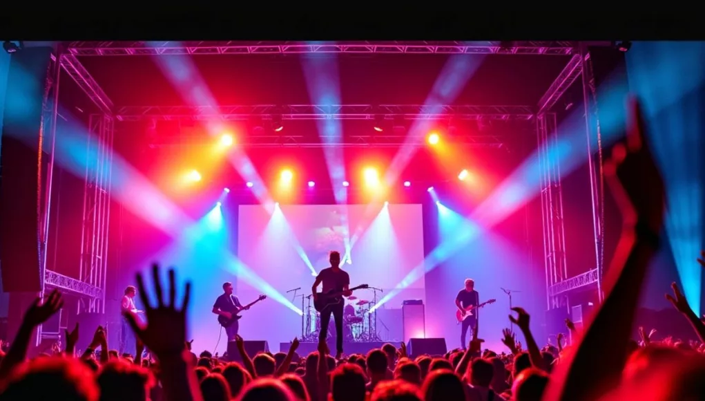 Coldplay performing live with colorful lights and enthusiastic crowd.