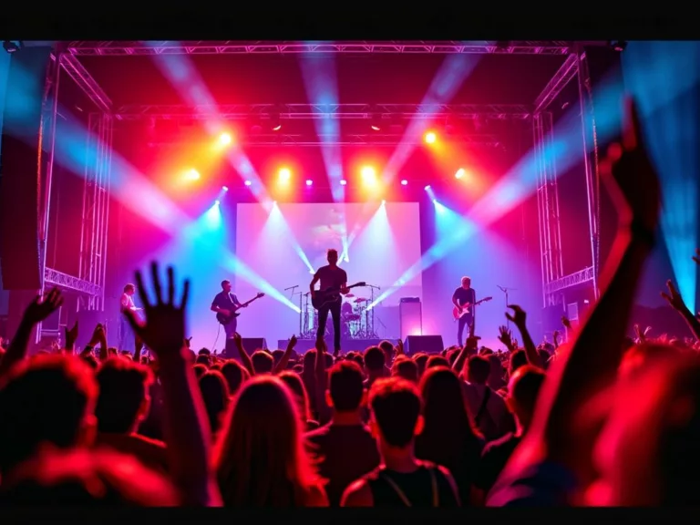 Coldplay performing live with colorful lights and enthusiastic crowd.