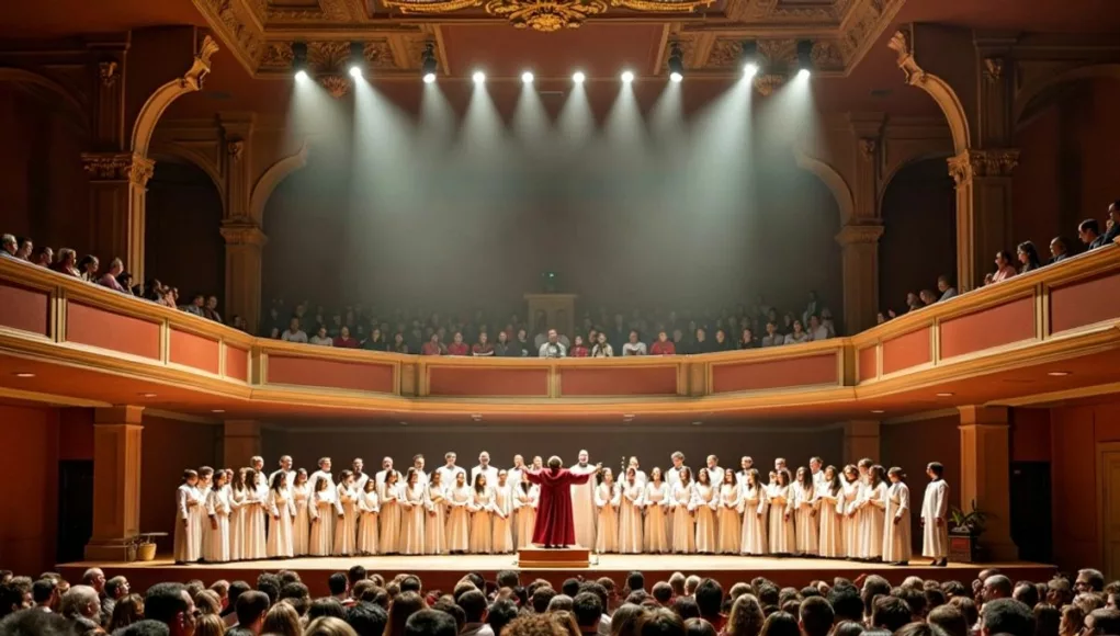 Historic choir performing on stage in ornate robes.