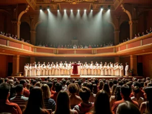 Historic choir performing on stage in ornate robes.