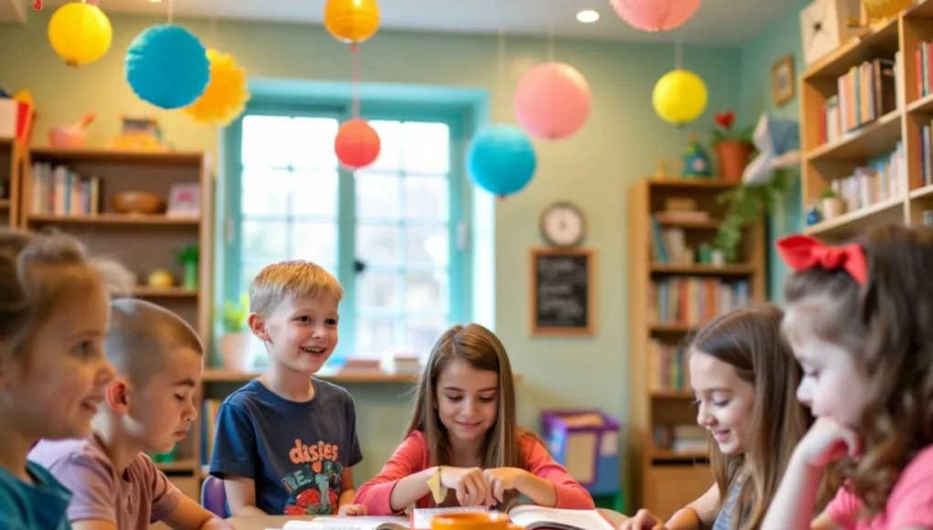 Children reading surrounded by colorful books and decorations.