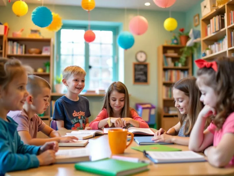 Children reading surrounded by colorful books and decorations.