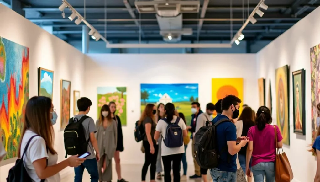 Students displaying artwork at an exhibition