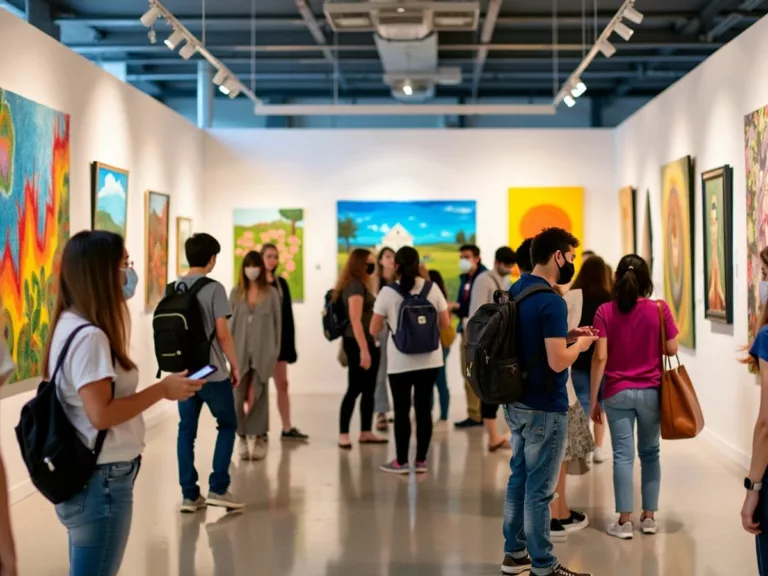 Students displaying artwork at an exhibition