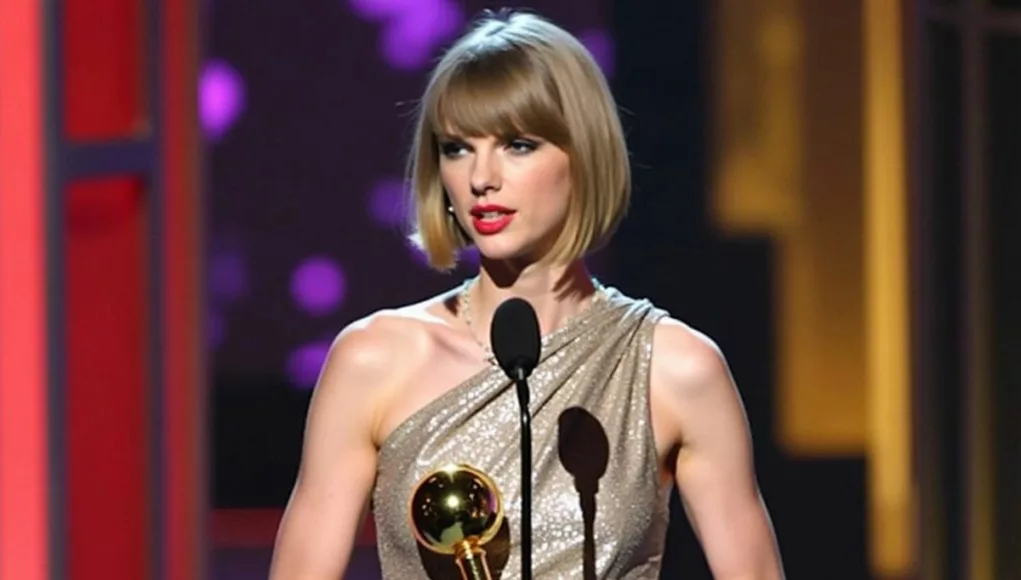 Taylor Swift holding trophy on stage at MTV Awards