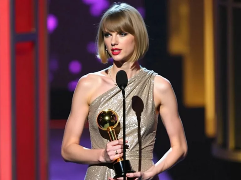 Taylor Swift holding trophy on stage at MTV Awards