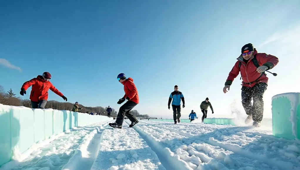 Athletes tackling an icy obstacle course in Dubai.