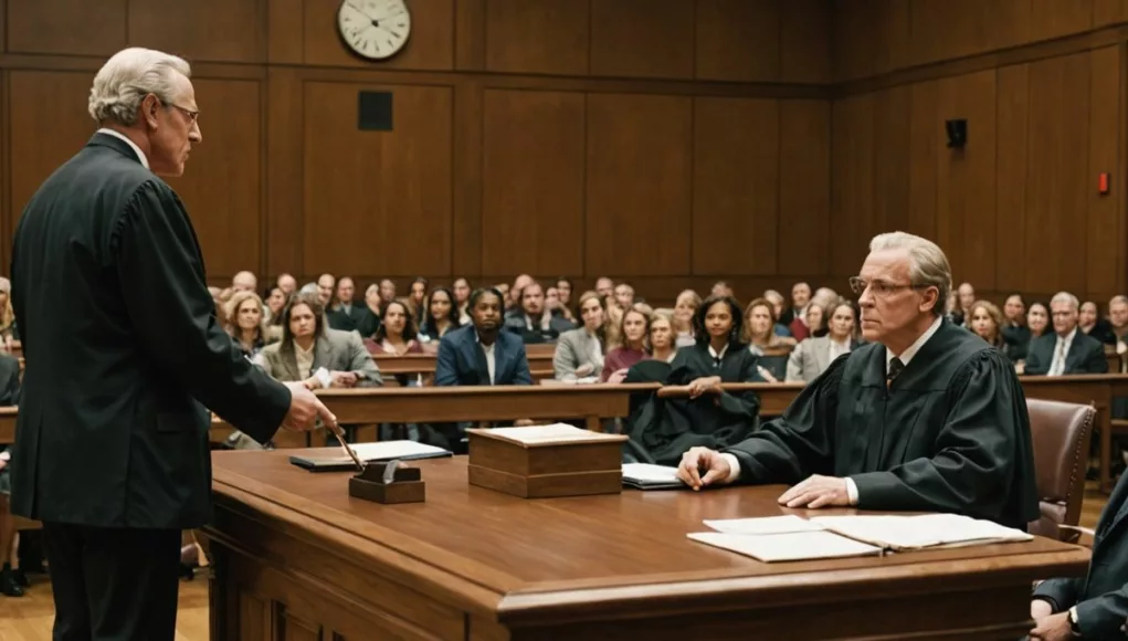 Courtroom scene with judge, lawyers, and distressed actor.