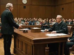 Courtroom scene with judge, lawyers, and distressed actor.