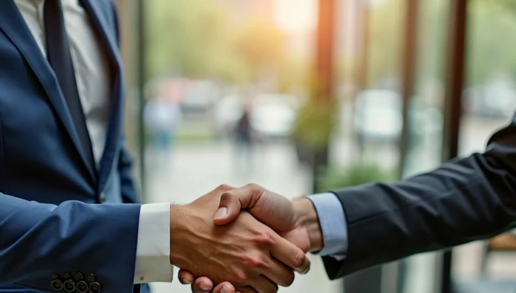 Business executive shaking hands with banker