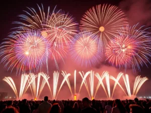 Colorful fireworks explode in the night sky.