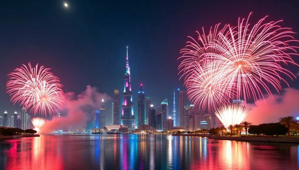 Dubai skyline with fireworks and drones