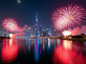 Dubai skyline with fireworks and drones