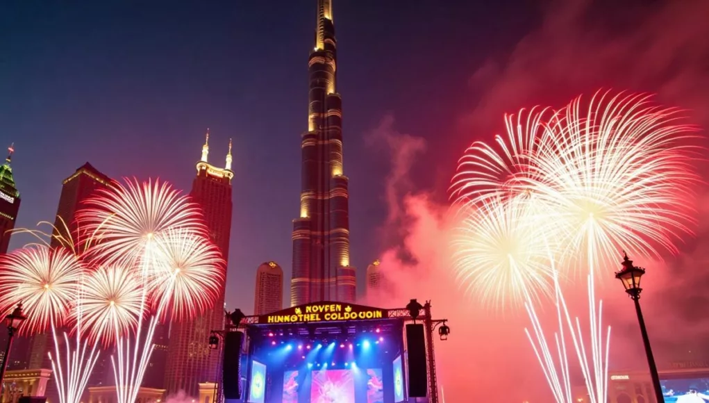 Dubai skyline with fireworks and celebrations