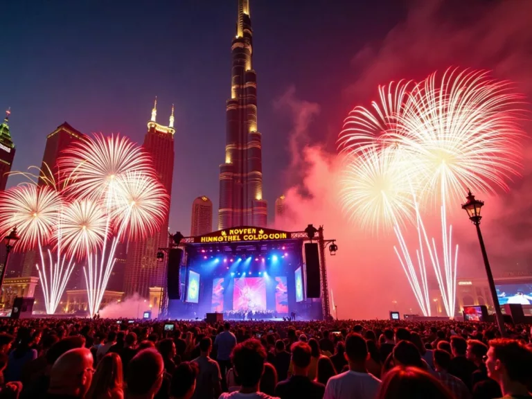 Dubai skyline with fireworks and celebrations