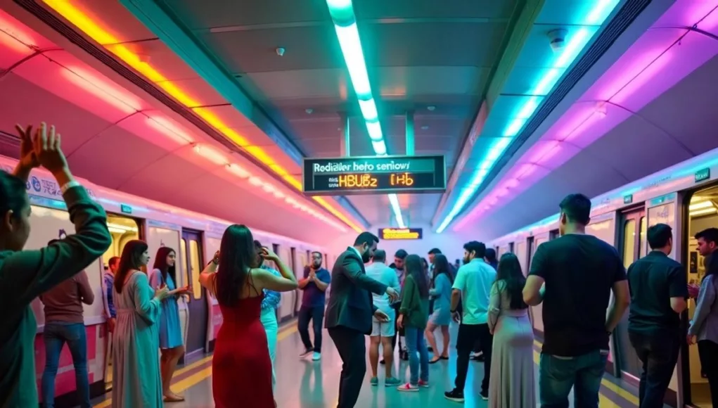 Commuters dancing in Dubai Metro with live music performers.