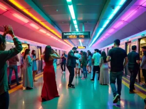 Commuters dancing in Dubai Metro with live music performers.