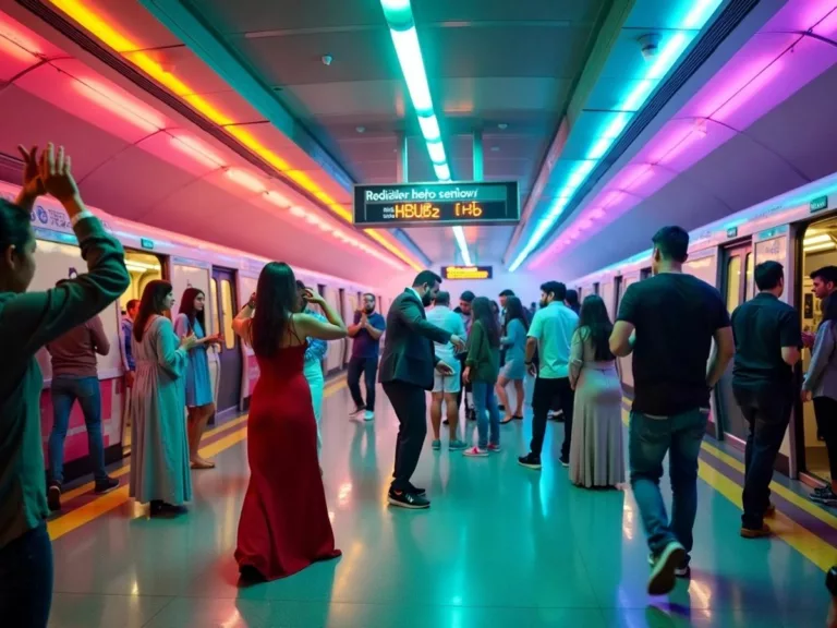 Commuters dancing in Dubai Metro with live music performers.