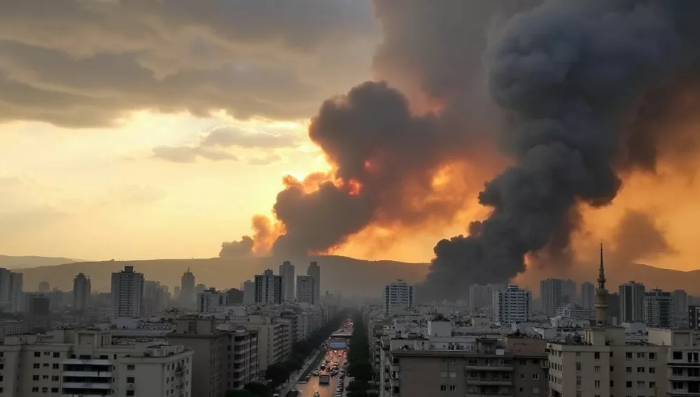 Beirut skyline with smoke and emergency vehicles after attacks.