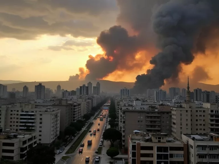 Beirut skyline with smoke and emergency vehicles after attacks.