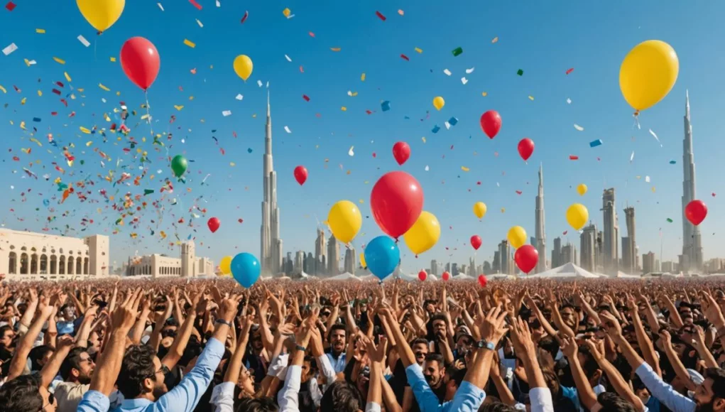 Crowd celebrating with UAE landmarks in background.