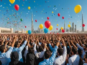 Crowd celebrating with UAE landmarks in background.