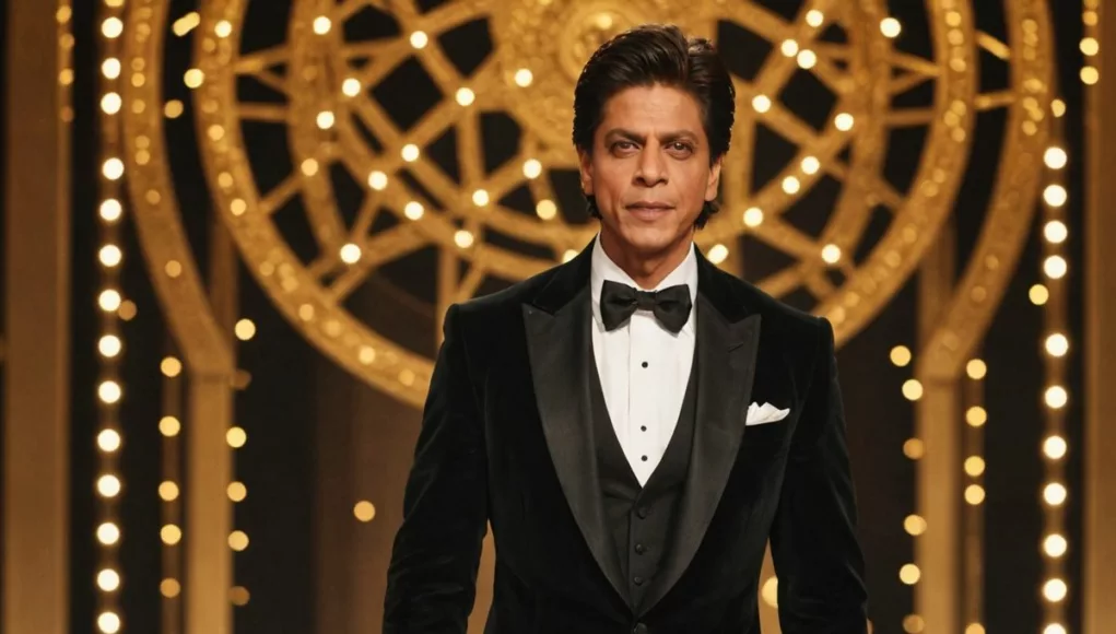 Shah Rukh Khan in black tuxedo on stage