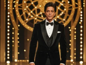 Shah Rukh Khan in black tuxedo on stage