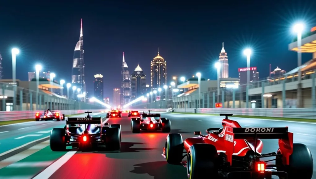 F1 cars racing at night in Abu Dhabi